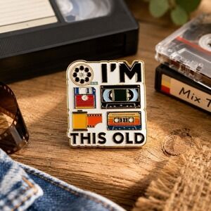 I'm This Old Retro Media Enamel Lapel Pin VHS Cassette Floppy Disk Movie ReelNew
